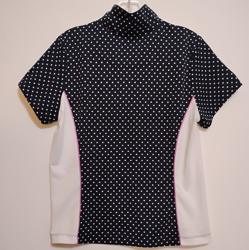 TAIL Black and White Polka Dots Polyester Short Sleeve Pink ZipUp Top L - Picture 9 of 9